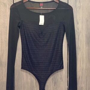 2b Bebe Women Black Mesh Long Sleeve Bodice Glitter Stripe Thong Bodysuit NWT S